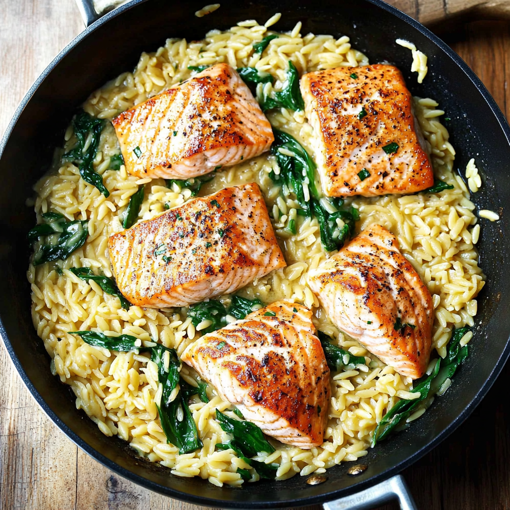 One Skillet Salmon with Lemon Orzo