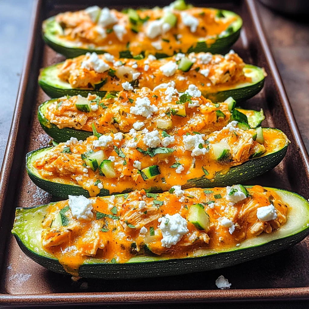High Protein Buffalo Chicken Stuffed Zucchini Boats