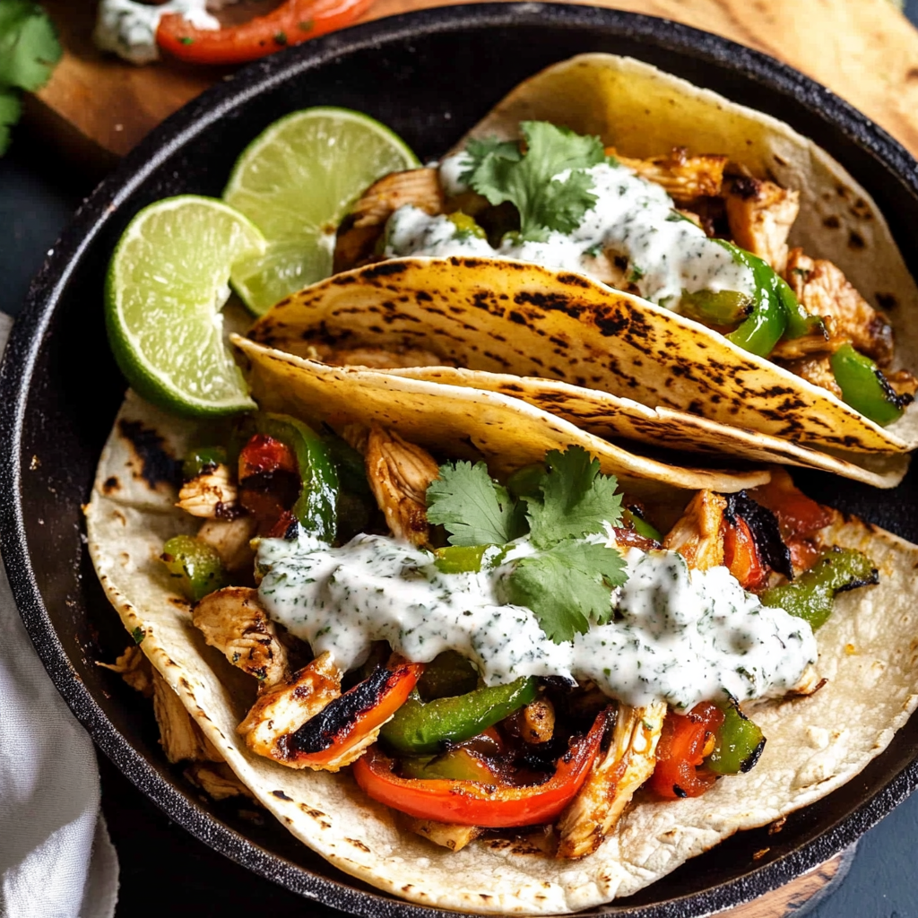 Skillet Chicken Fajitas with Creamy Jalapeño Verde Sauce.
