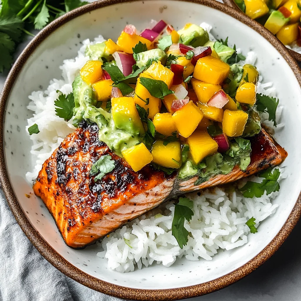 BBQ Salmon Bowls with Mango Avocado Salsa