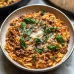 Ground Beef Orzo with Tomato Cream Sauce and Fresh Basil