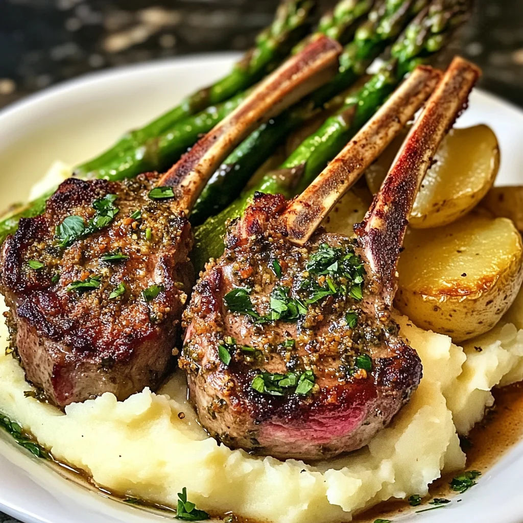 Herb-Crusted Lamb Chops with Mashed Potatoes and Asparagus