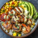 Grilled Shrimp Bowl with Avocado, Corn Salsa & Creamy Garlic Sauce Recipe