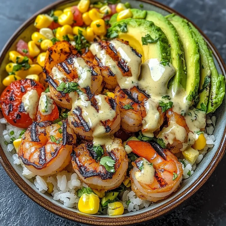 Grilled Shrimp Bowl with Avocado, Corn Salsa & Creamy Garlic Sauce Recipe